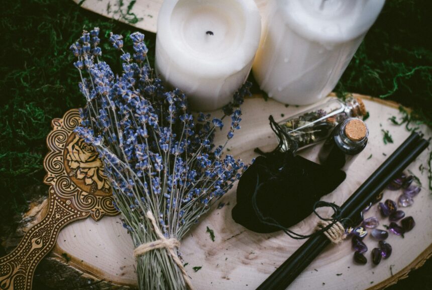 lavender, candles, and other witchcraft tools that give Practical Magic vibes